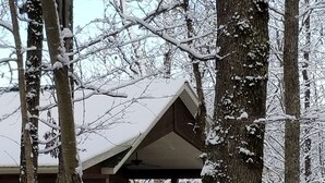 A wooden cabin with a balcony, surrounded by snow-covered trees.