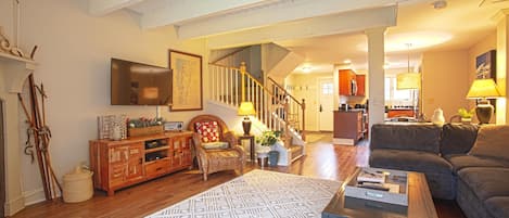 Smart TV, fireplace, video games, DVD player