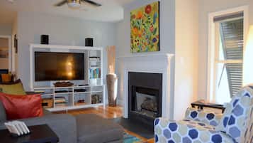 Smart TV, chimenea, reproductor de DVD y libros