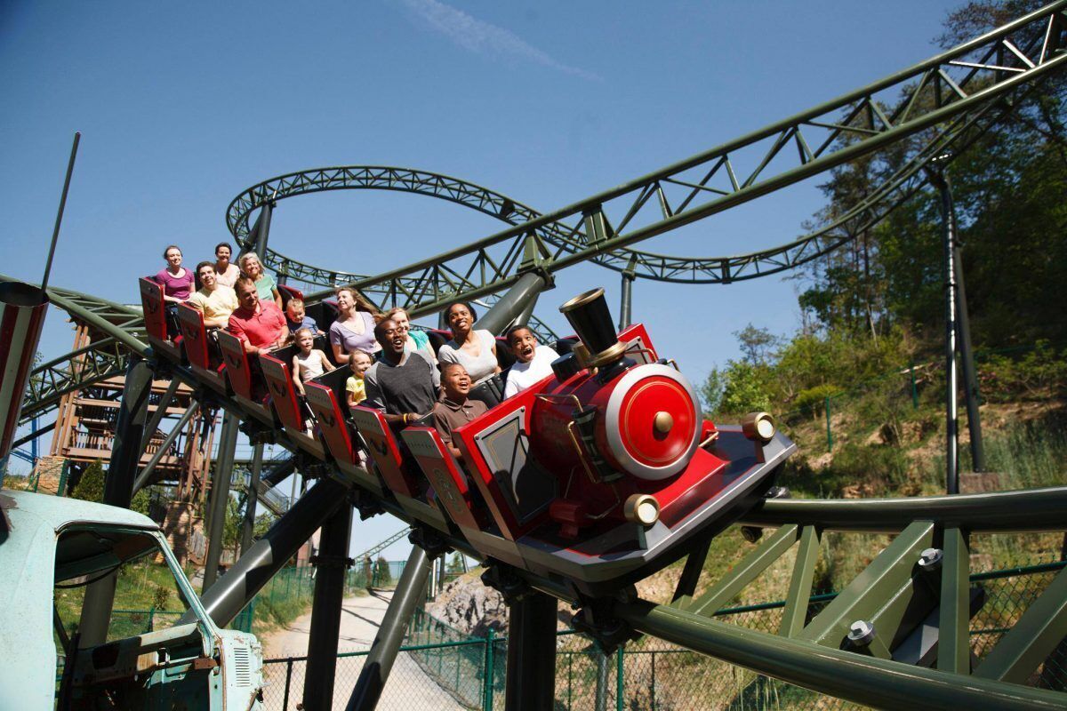 A roller coaster with passengers.