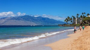 Una playa con agua azul cristalina, una montaña al fondo y algunos edificios con palmeras.