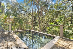 A wooden deck with a glass-bottomed pool surrounded by lush greenery and trees.