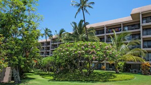 Un hotel con varios pisos, balcones y abundante vegetación, incluyendo palmeras y plantas con flores.