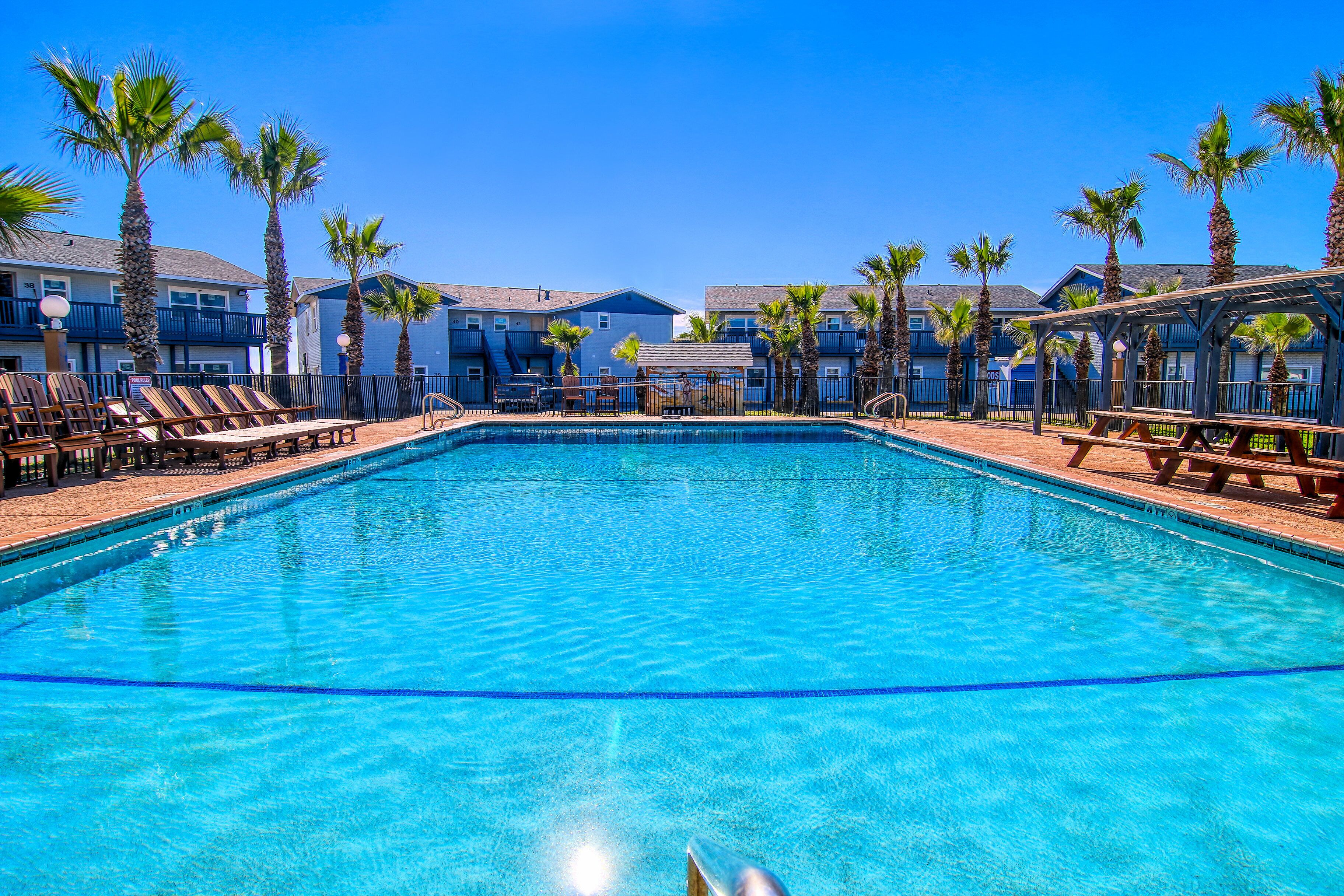 A swimming pool with lounge chairs and palm trees, surrounded by multi-story buildings.