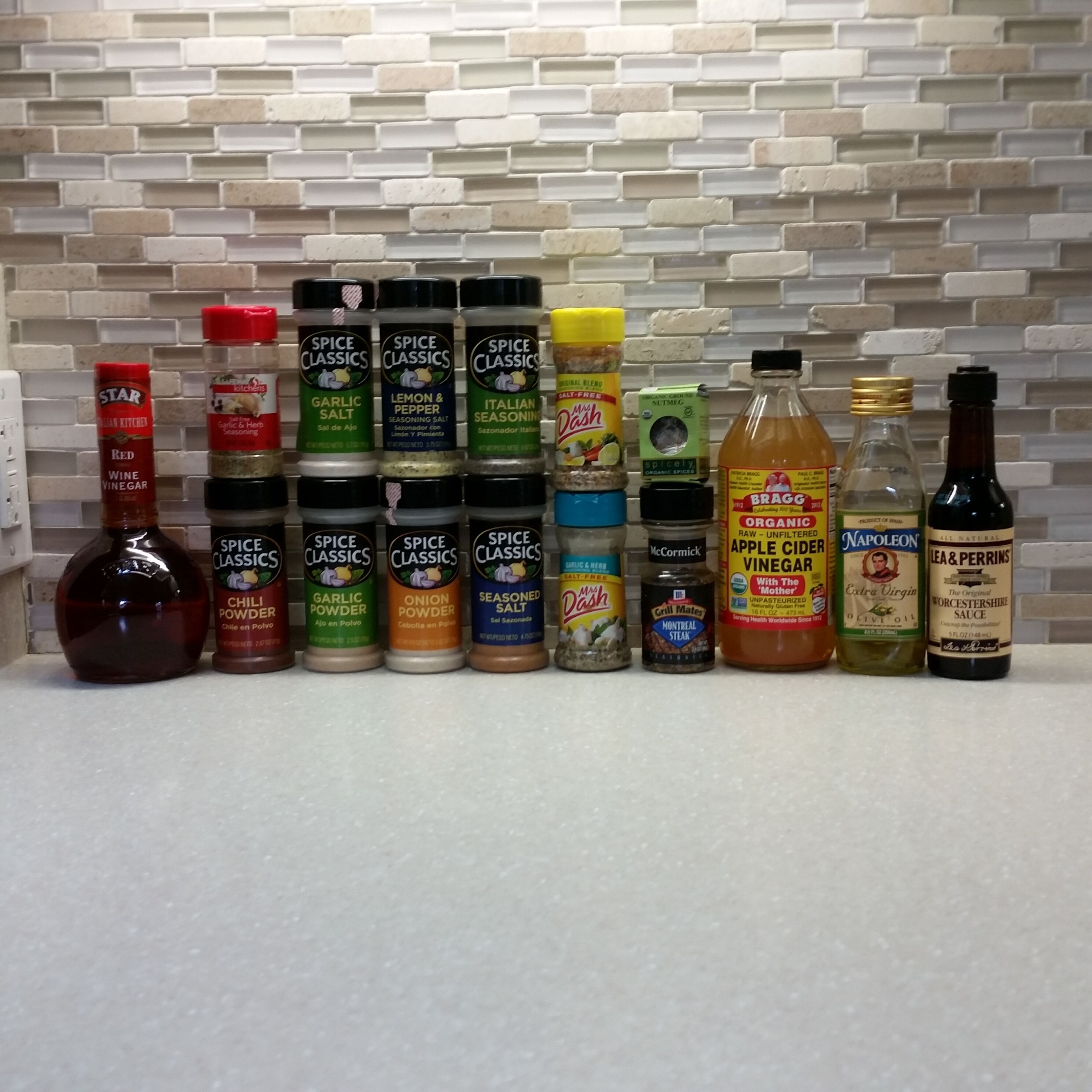 A generous selection of spices and condiments are provided.