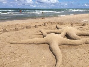 A sandy beach with a large sand sculpture of a sea creature.