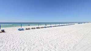 A beach with rows of blue beach chairs and umbrellas, a sandy shore, and the ocean in the background. - 6th Floor Condo with Amazing Views and Free Activities This Summer! (Panama City Beach)