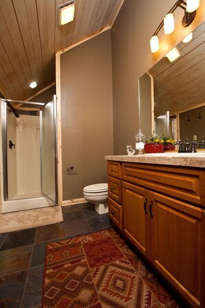 Combined shower/tub, hair dryer, towels