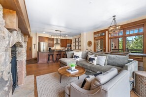 Televisión, chimenea y reproductor de DVD 