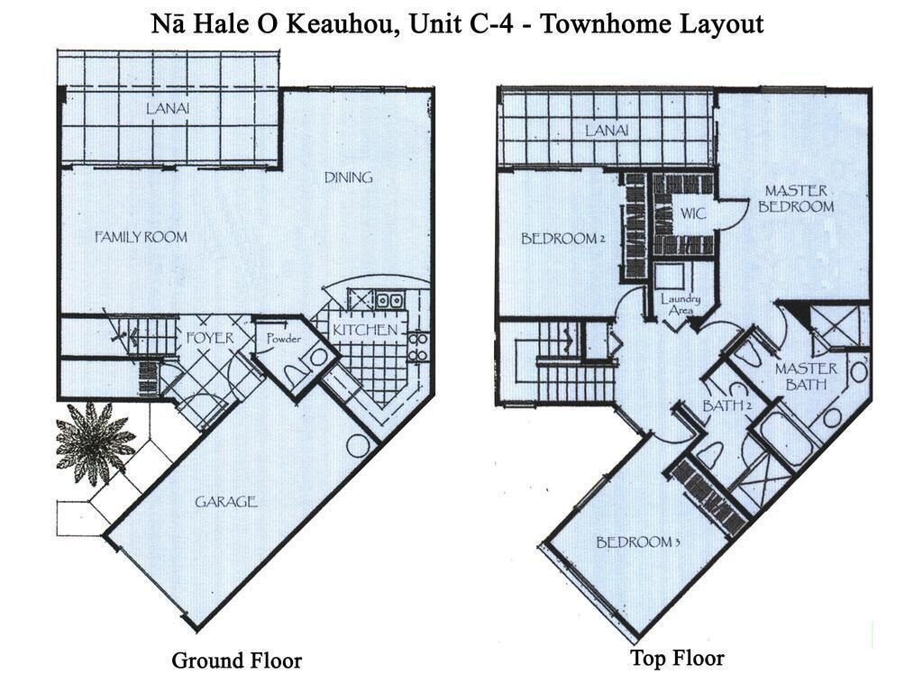 A townhome layout with a lanai, dining area, family room, foyer, kitchen, and garage on the ground floor, and a master bedroom, master bathroom, and two bedrooms on the top floor.