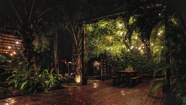 An outdoor wooden deck with a rustic bench, surrounded by lush greenery and string lights. - Coconut Grove Garden Cottage • Private Retreat with Free Parking & Full Kitchen (Miami)