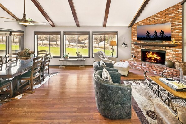 Télévision, cheminée, lecteur de DVD