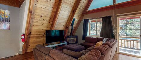 Televisio, takka, kirjoja, musiikkikirjasto