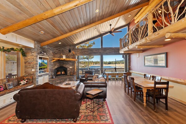 Televisión, chimenea y reproductor de DVD 