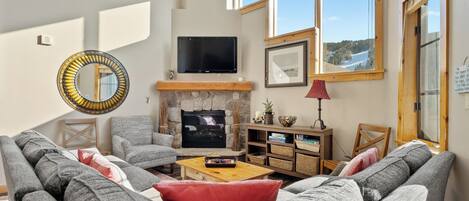 Televisión, chimenea y reproductor de DVD