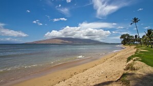 Une plage d’où l’on a une vue dégagée sur l’océan et sur une montagne lointaine.