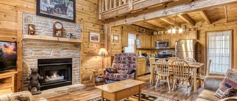 TV, fireplace, DVD player, stereo