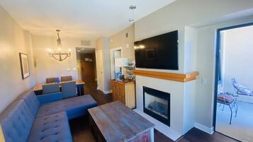 Smart TV, fireplace, books