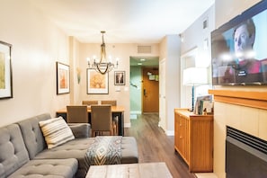 Smart TV, fireplace, books