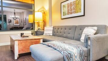 Smart TV, fireplace, books