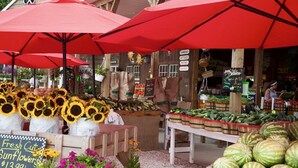 A market stall with fresh produce, including sunflowers and watermelons, under red umbrellas. - Renovated Cozy Chic North Fork Cottage, steps away from the Beach & Wine Trail!! (Calverton)