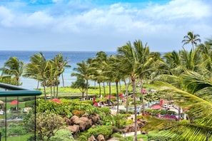 A tropical resort with palm trees, a pool, and a view of the ocean.
