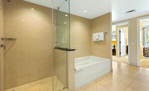 Shower, hair dryer, towels