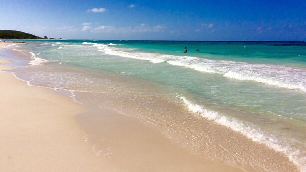 A beach with clear turquoise water, a sandy shore, and a distant tree-covered hill.