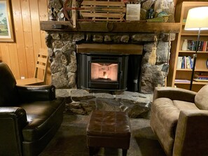 Smart TV, chimenea, reproductor de DVD y libros