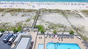 A beach resort with a swimming pool, lounge chairs, and a boardwalk leading to the beach. - 2 BR @ Island Winds West - *Beach Front* (Gulf Shores)