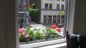 A window with a view of a street, including a building with a sign reading "SID'S FOODS" and a flower box with various flowers.