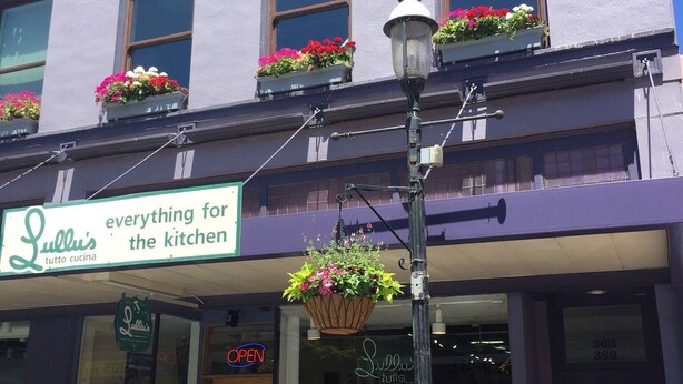 A building with a sign reading "Lullus everything for the kitchen" and a green sign with a map.