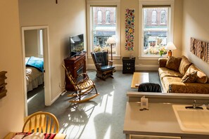 Televisio, takka, DVD-soitin, kirjoja