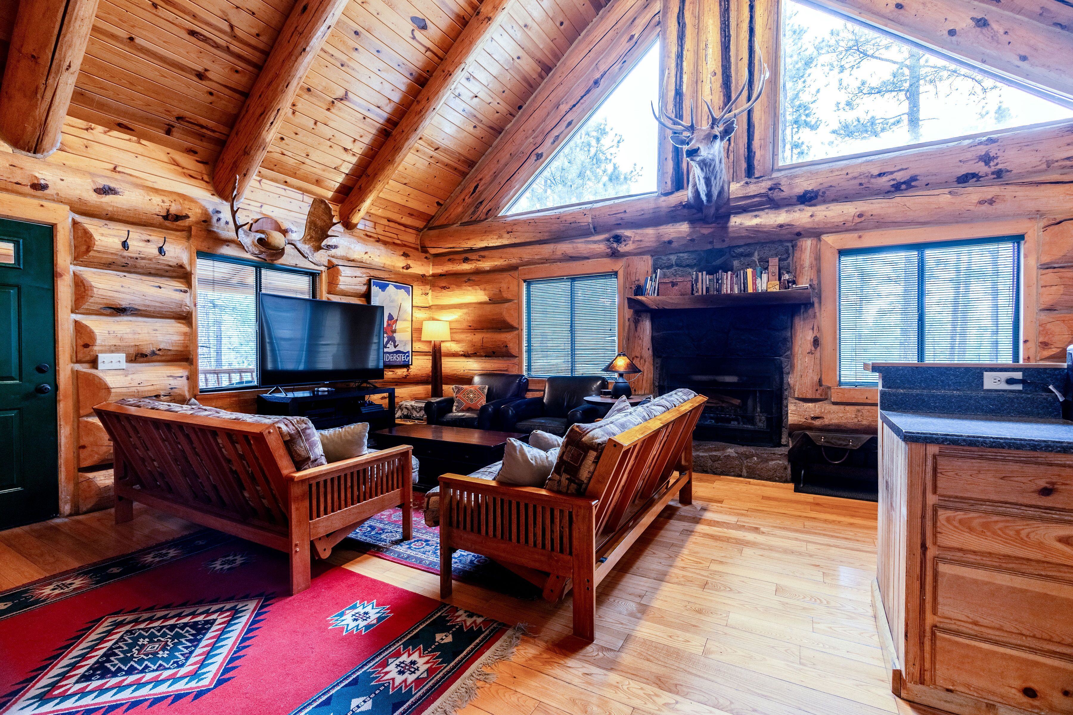 Télévision à écran plat, cheminée, console de jeux vidéo, lecteur de DVD