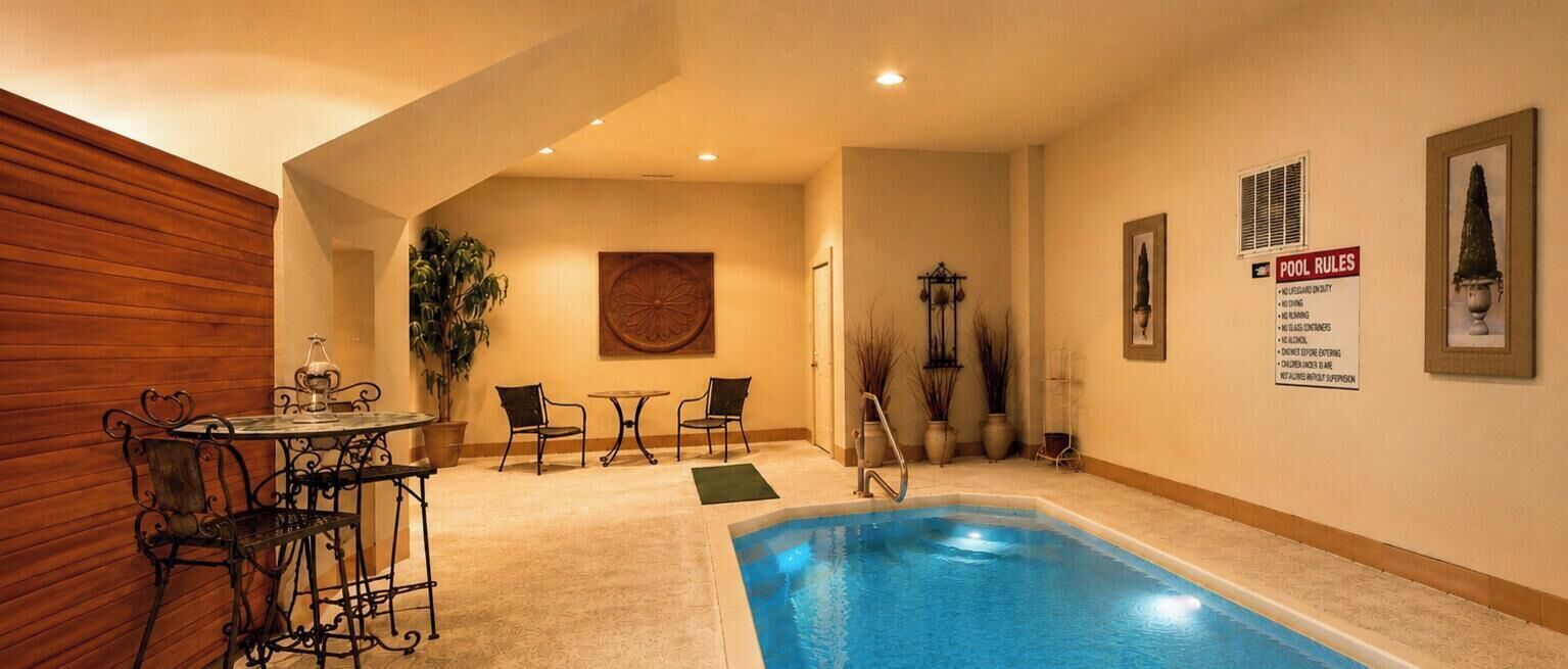 Un espace piscine comprenant un jacuzzi, des sièges et un panneau indiquant les règles à respecter.