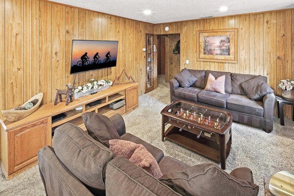 TV, fireplace, table football