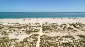 A beach with a clear sky, sandy dunes, and a calm sea.