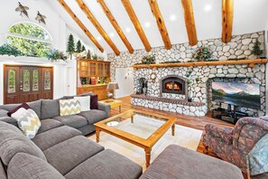 TV, fireplace, table football