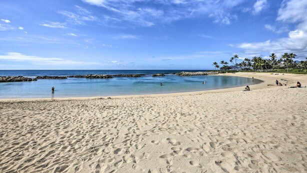 Ein Strand mit klarem, blauem Wasser, sandigem Ufer und Palmen.