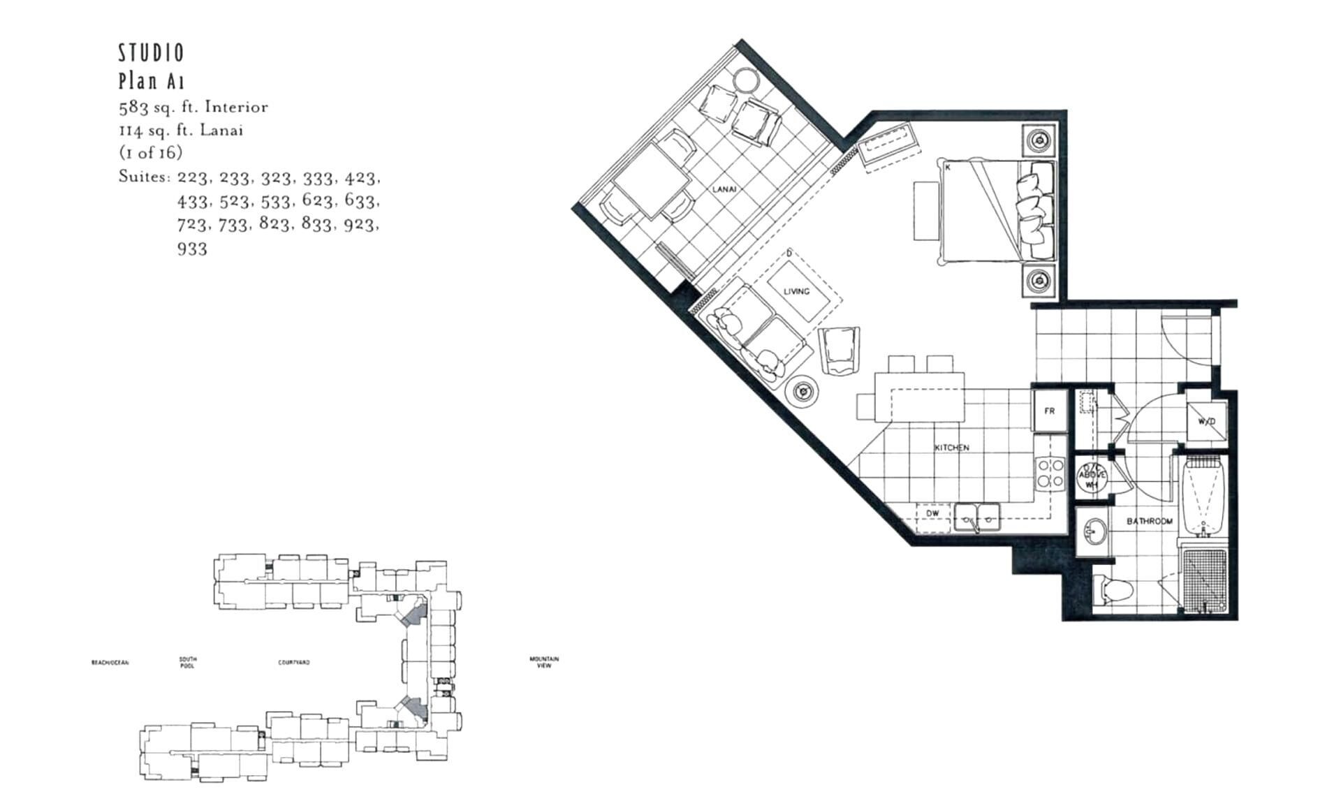 A floor plan of a studio apartment with 583 sq. ft. interior, 114 sq. ft. lanai, and multiple suites.