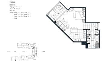 A floor plan of a studio apartment with 583 sq. ft. interior, 114 sq. ft. lanai, and multiple suites.