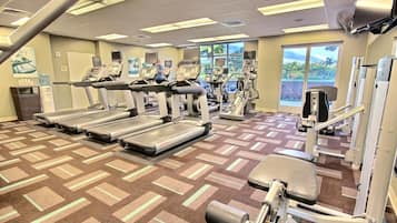 On-site fitness center with cardio machines, strength training, and scenic views to keep you inspired