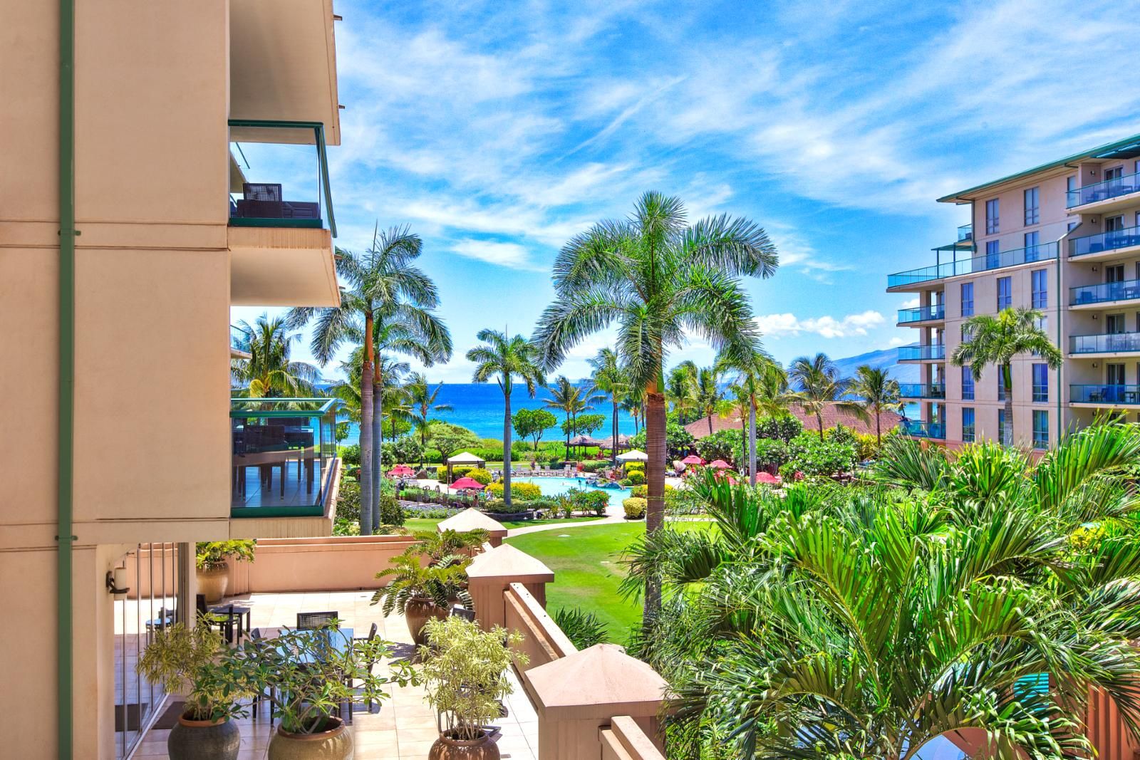 Een resort met een zwembad, palmbomen en uitzicht op de oceaan.
