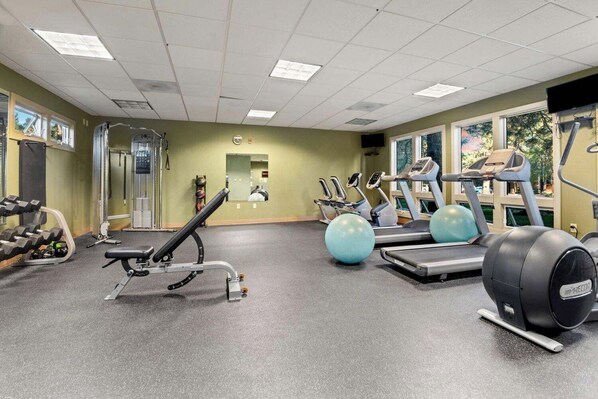 A gym with treadmills, elliptical machines, and free weights.