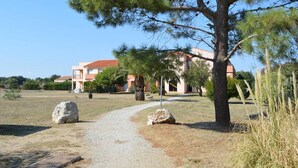 A gravel path leading to a building with a red roof, surrounded by trees and a clear sky.