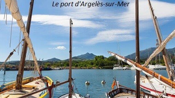 A harbor with several boats docked, a clear sky, and mountains in the background.