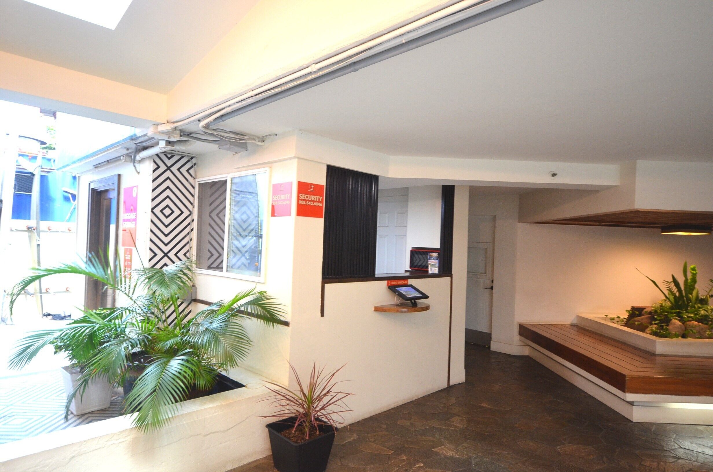 A reception area with a modern design, including a reception desk, potted plants, and a security sign.