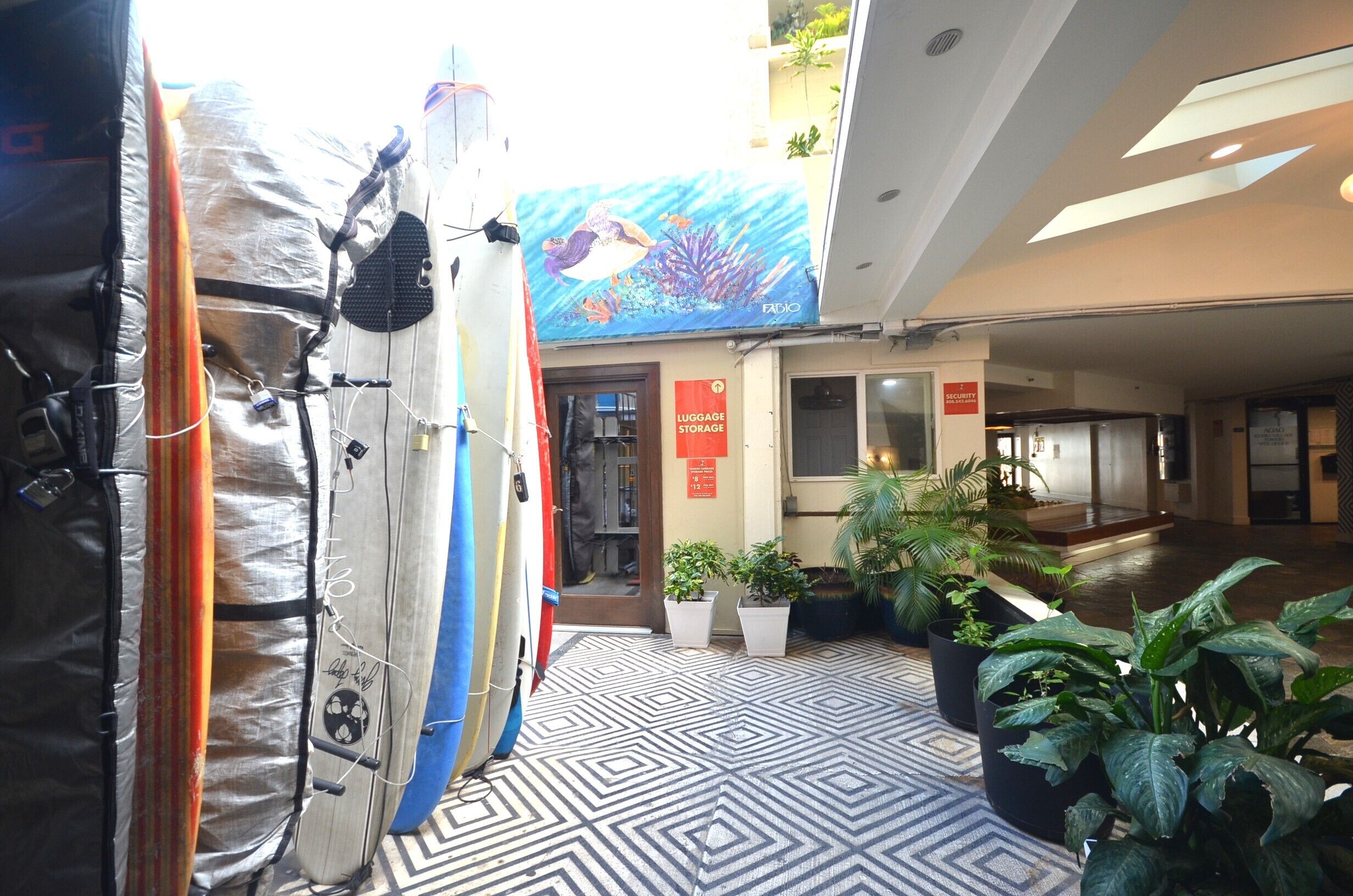 Un vestíbulo de hotel con tablas de surf apoyadas en una pared, un cartel de consigna de equipaje y plantas en macetas.