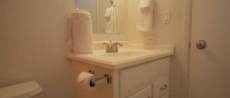Un baño con lavamanos blanco, espejo, toallero y dispensador de papel higiénico.