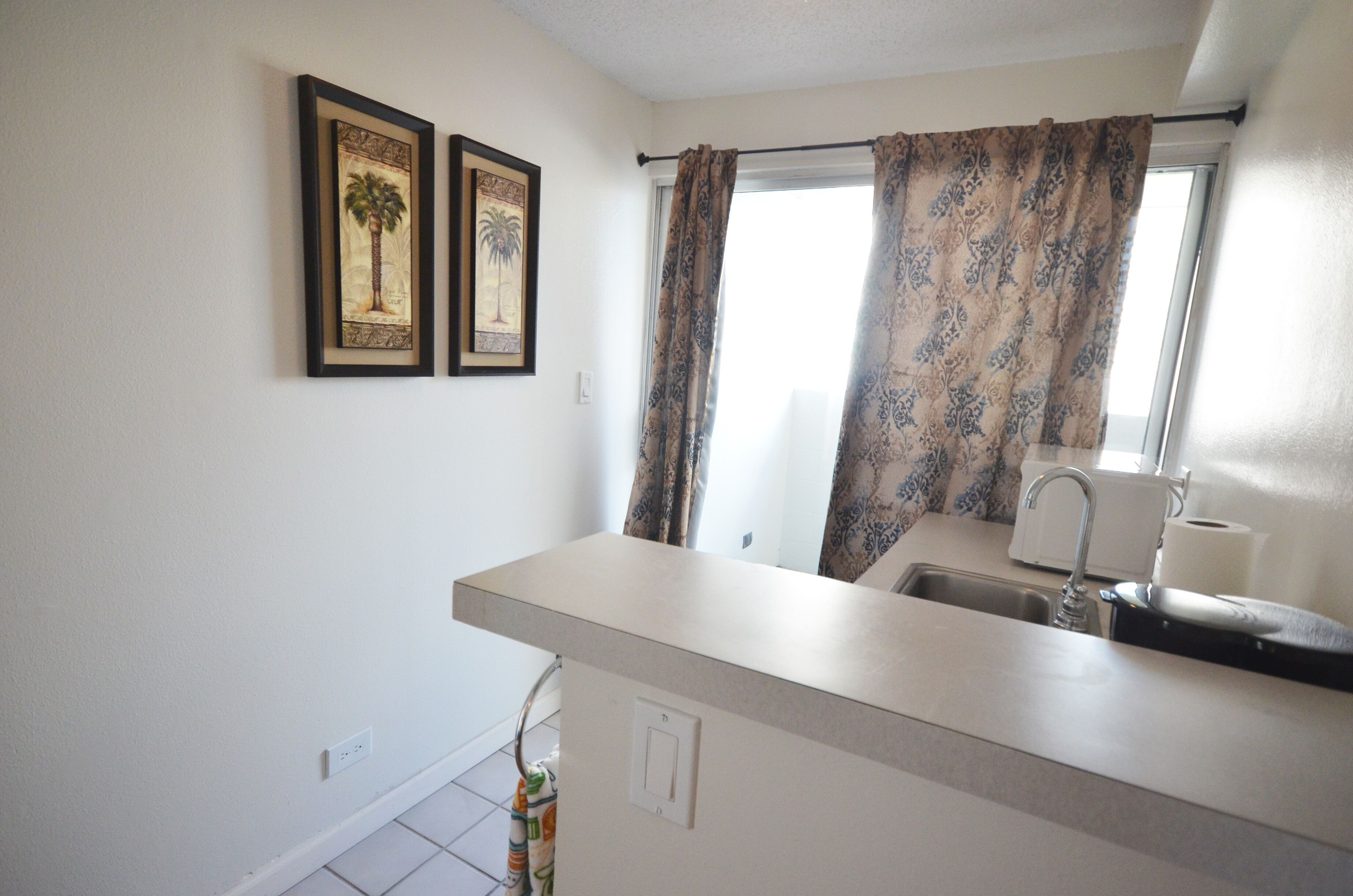 A small kitchen with a countertop, a sink, and a window with patterned curtains. There are two framed pictures on the wall.